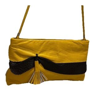 Vtg 80's Leather Shoulder Bag Clutch Hinged Yellow Black Tassel Party Club Retro